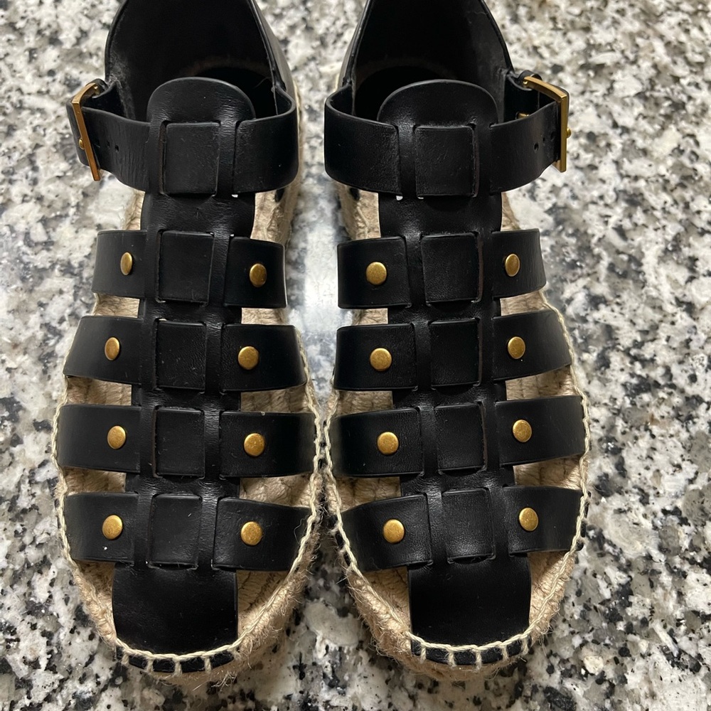 Tory Burch Black Leather Gladiator Espadrille Sandals with Gold Studs NWOT